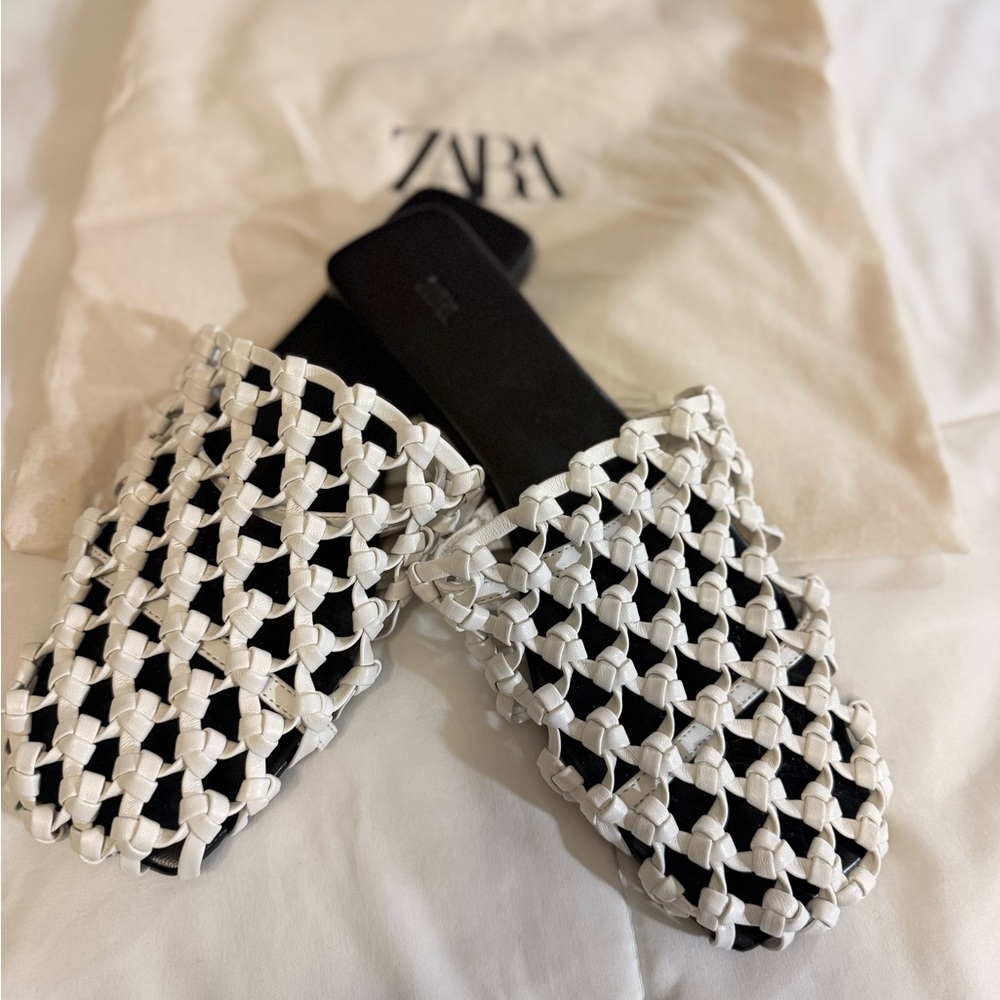 Zara white Woven Slip-Ons sandals